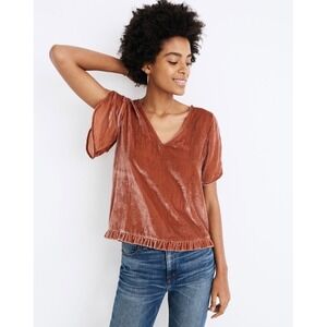 Madewell Tulip Sleeve Velvet Ruffle Hem V Neck Split Top Terracotta Size S
